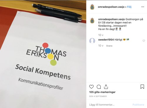 Områdespolisen i Växjö och Alvesta på föreläsning med Thomas Erikson, bild från Instagram